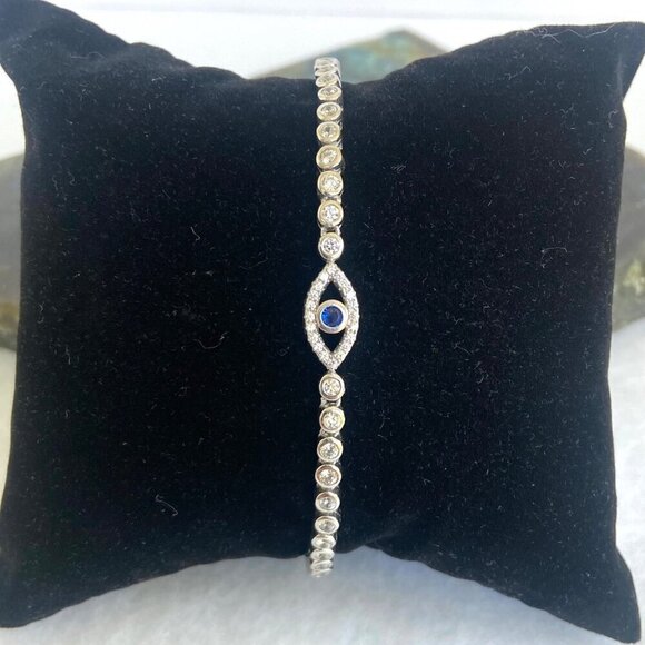 Sterling Silver 925 Blue Topaz & CZ Evil Eye Adjustable Bolo Tennis Bracelet - Picture 2 of 16